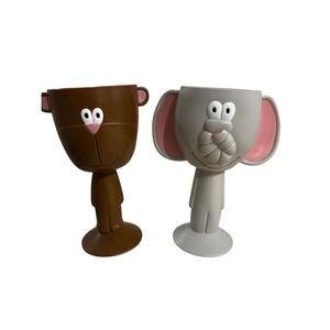 Vintage Animal Character Goblets Set Monkey and Elephant Plastic Novelty Cups